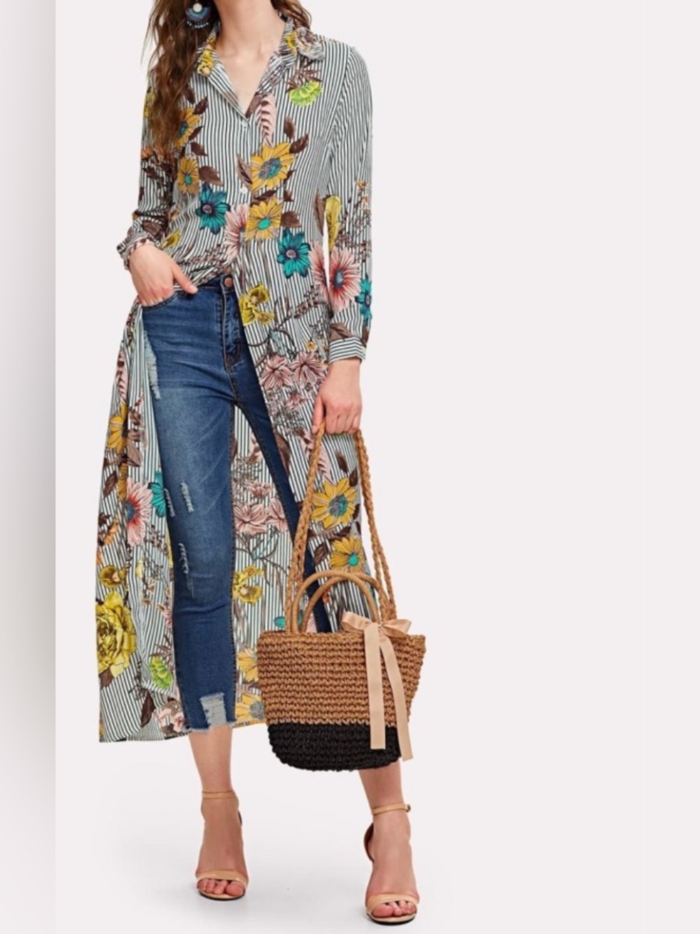 vertical striped floral long line shirt dress. (SKU576)